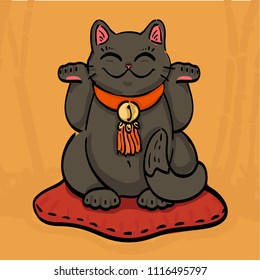 Illustration of black maneki neko talisman cat beckoning wealth with both paws raised. The cat sitting on the pillow in bamboo forest. Can be used as wallpaper(remove the mask) or for print design.