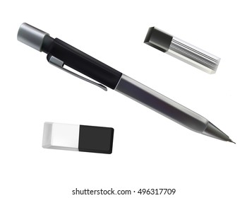 Illustration Of Black Mechanical Pencil, Eraser And Pencil Lead