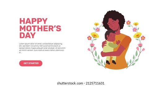Illustration of black mom afro african hugging son or daughter on her arm for mother day greeting card concept