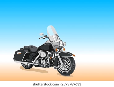 Illustration of a black motorcycle parked on a gradient background from orange to blue. Hand drawn Illustration