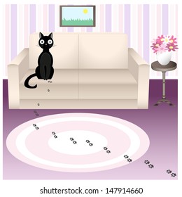 Illustration of black naughty cat who traces his soiled carpet in living room