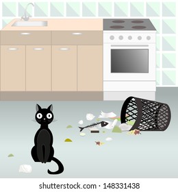 Illustration of black naughty cat, who threw out garbage out of the basket on the kitchen floor