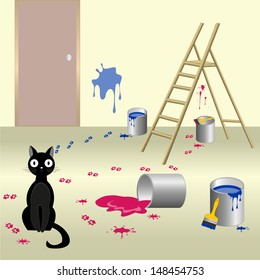 Illustration of black naughty cat who smeared paint floor and walls of the room with ladder