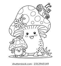 Illustration in black nd white of a cute mushroom with a smaller one and two snails on its head, coloring page