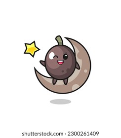 illustration of black olive cartoon sitting on the half moon , cute style design for t shirt, sticker, logo element