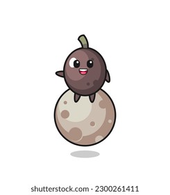illustration of black olive cartoon sitting on the moon , cute style design for t shirt, sticker, logo element