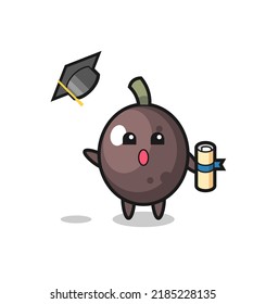 Illustration of black olive cartoon throwing the hat at graduation , cute style design for t shirt, sticker, logo element