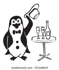 illustration black on white background penguin gentleman in tails took off his hat, is a table with a bottle of wine and two wine glasses