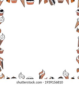 Illustration in black, orange and white colors. Vector illustration. Seamless pattern.Hand drawn doodle frames.