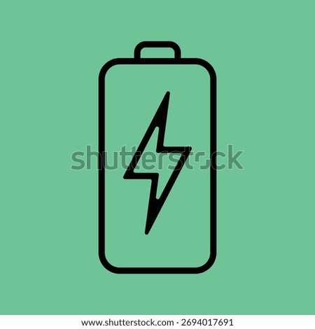 Illustration of a black outline battery with lightning bolt inside, symbolizing energy and power on a green background
