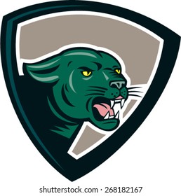 Illustration of black panther cat head facing side growling set inside shield crest on isolated background done in cartoon style. 