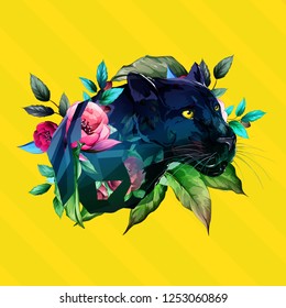Illustration of black panther with flowers and leaf around. Isolated artwork for print and other desing purpose. Vintage style, hand drawn. Vector- stock.
