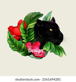 Illustration of black panther with flowers and tropical leaves around. Isolated artwork for print and other design purpose. Vintage style, hand drawn. Vector- stock.