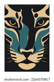 Illustration of a black panther on a dark background with leaves flat vector style