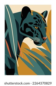 Illustration of a black panther on a dark background with leaves flat vector style