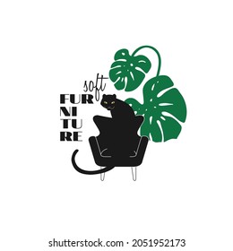 Illustration with a black panther, a tropical plant, and an armchair. Background with soft furniture in retro style. Fashionable design for furniture shops, web pages, and flyers.