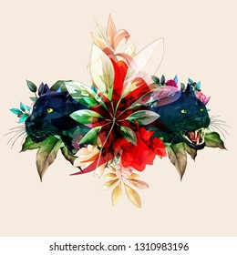 Illustration of black panthers with flowers and leaf around. Isolated artwork for print and other desing purpose. Vintage style, hand drawn. Vector- stock.