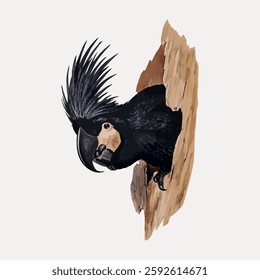 Illustration of a black parrot with a striking crest, perched on a wooden branch. The parrot's black feathers and unique crest stand out vividly. Vintage bird illustration vector.