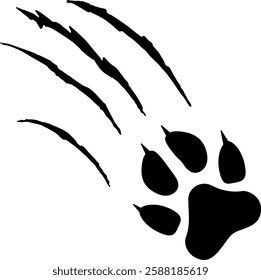 Illustration of a black paw print with claw marks ripping through a white background, creating a dramatic and evocative image of animal power and aggression