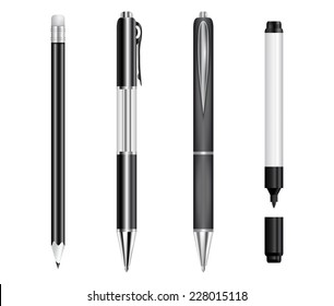 Illustration of black pens, pencil and marker isolated 