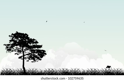 illustration with black pine in grass at blue sky background