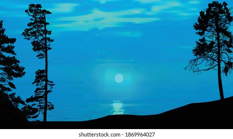 illustration with black pine silhouettes near sea under full moon