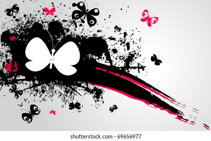 illustration with black, pink stain and butterflies