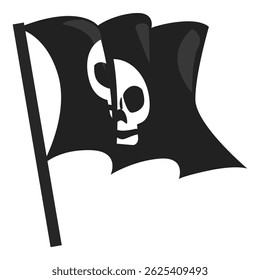 Illustration of a black pirate flag with a skull, waving in the wind