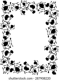 illustration with black poppy decorated frame isolated on white background