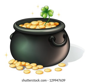 Illustration of a black pot with coins on a white background