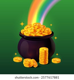 Illustration of a black pot filled with gleaming gold coins featuring shamrock engravings, under a vibrant rainbow with sparkling stars. Perfect for St. Patrick's Day themes, Irish folklore designs