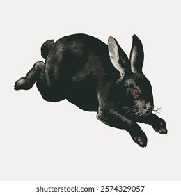 Illustration of a black rabbit with red eyes. The rabbit is leaping. Black rabbit, red eyes, leaping rabbit, artistic illustration. Vintage style art drawing, isolated vector element.