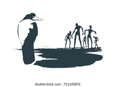 Illustration of the black raven bird sitting on brush stroke. Crowd of zombie. Vector art.