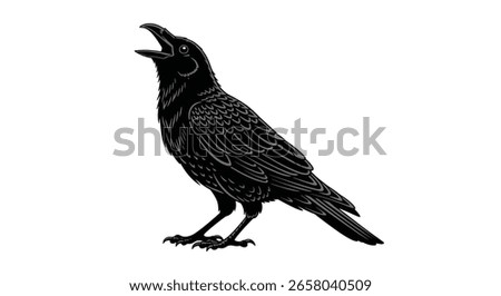 Illustration of a Black Raven or Crow with Open Beak and Detailed Feathers Standing on a White Background