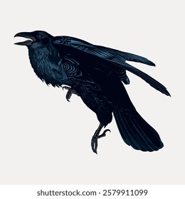 Illustration of a black raven in flight. The raven's detailed feathers and open beak add realism. Raven, black, and flight are key elements in this artwork. Vintage bird illustration vector.