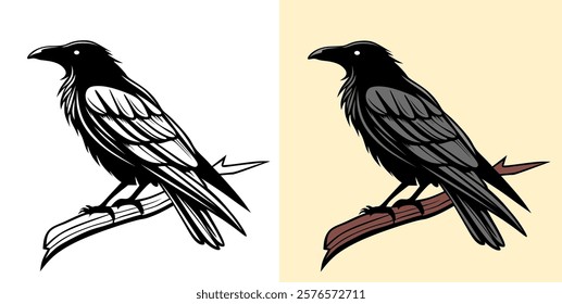 Illustration of a Black Raven Perched on a Tree Branch in Two Color Styles