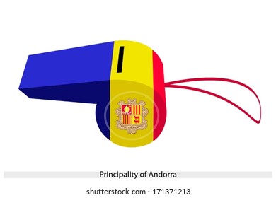 An Illustration of Black, Red and Green Stripe with Coat of Arm of Principality of Andorra Flag on A Whistle, The Sport Concept and Political Symbol. 