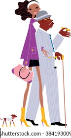 Illustration of a Black rich old man and young woman walking together. Sugar daddy.
