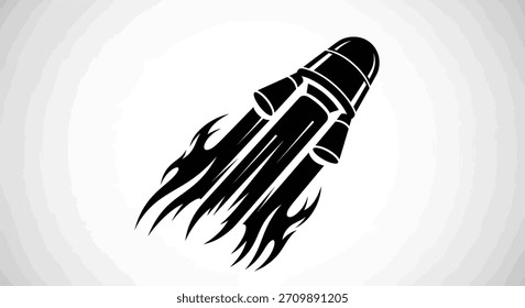 Illustration of a black rocket ship with flames, representing space travel and exploration.