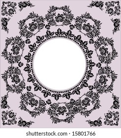 illustration with black round frame on pink