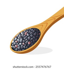 Illustration of black salt in a wooden spoon, better known in India as Kala namak, isolated on a white background