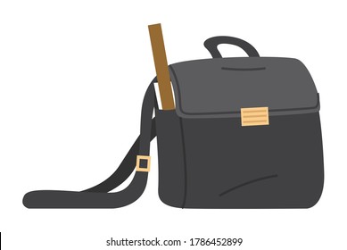 Illustration of black school bag with ruler on white background. Kids or tachers handbag with education equipment. Education and study back to school, schoolbag luggage in cartoon vector style