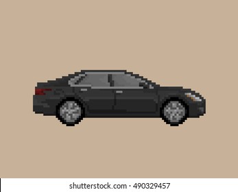 Illustration of black sedan premium car in pixel art style