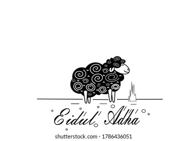 the illustration of black sheep and Eidul Adha Lettering isolated on white background. Eidul adha calligraphy with goat vector eps 10 vector.