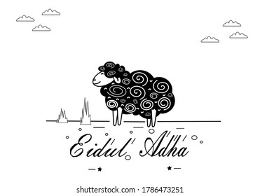 la ilustración de ovejas negras con letras de eidul mubarak aisladas en fondo blanco. eidul mubarak saluda tarjetas con ovejas lindas. fondo idul adha