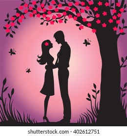 Illustration black silhouette of lovers  Couple in love  of man and woman under the tree, sentimental,  flower, date, sacura, hanami,