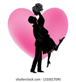 Illustration black silhouette of lovers embracing on a heart silhouette. Couple in love. llustration of  lovers man and woman.