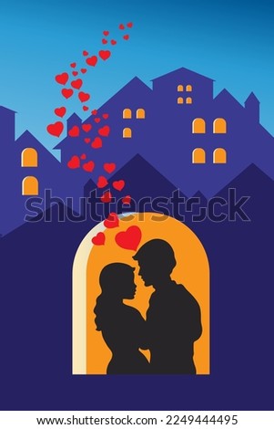 Illustration of a black silhouette with two lovers at the window suitable for Valentine's Day,