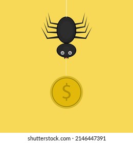 Illustration of a black spider that attracts coins, you can use it for various things, as you like.