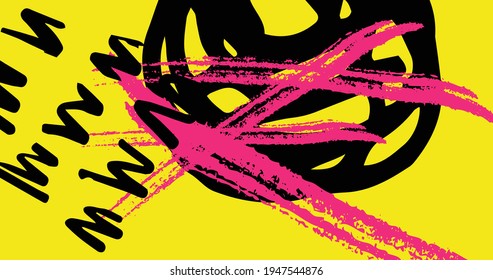 Illustration of black squiggles and pink paint stroke on yellow background. colour and contrast pop art concept digitally generated image.